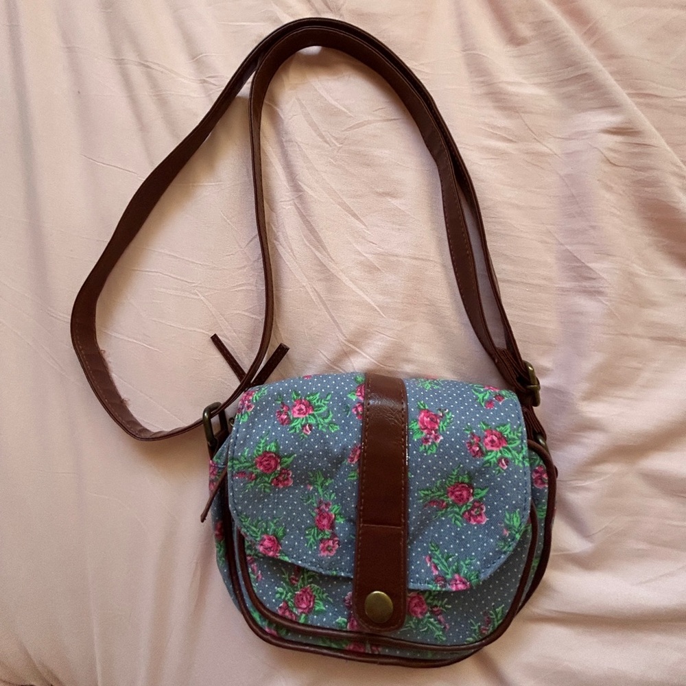 Floral Crossbody Bag with Brown Trim